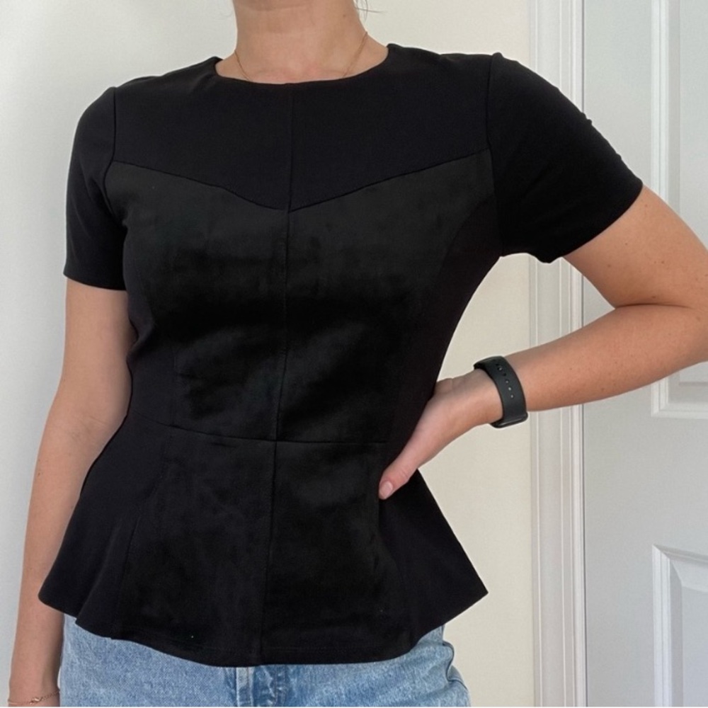 BCBG MaxAzria Top Black Faux Suede Leather Denna Peplum XXS 0 2 Feminine Fitted